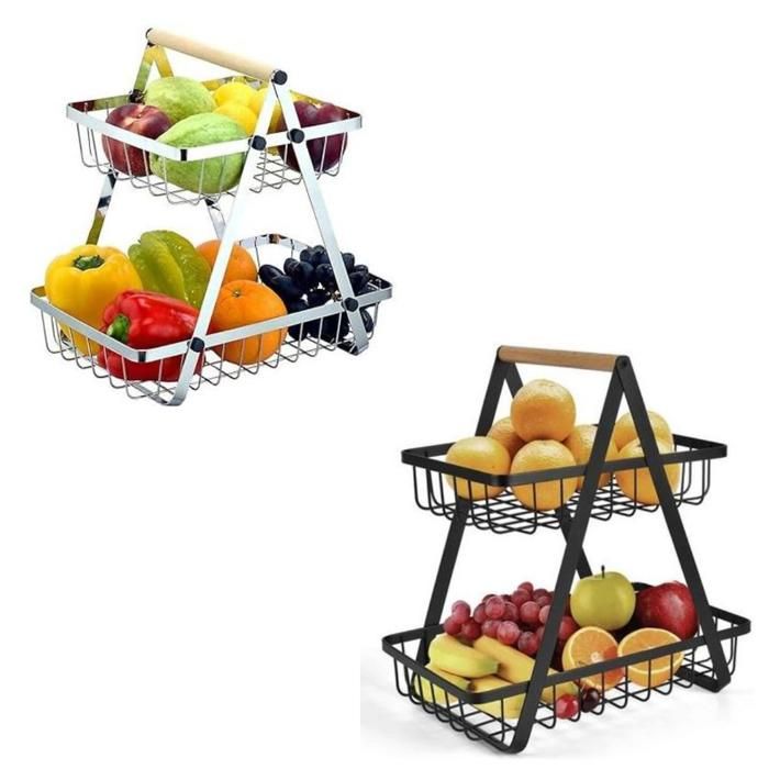 Panier à fruits en métal à deux niveaux avec poignée en bois
