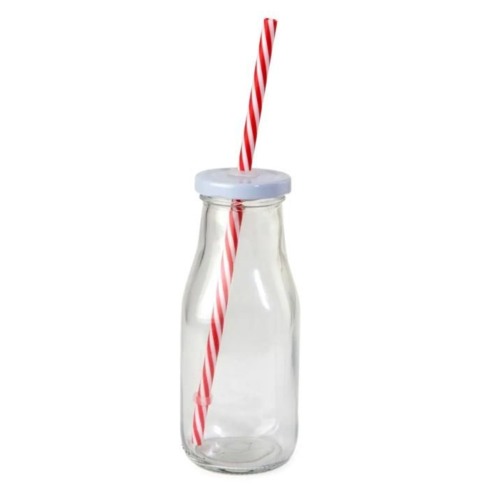 Bouteille en verre avec bouchon et paille, 300ml, couleurs aléatoires