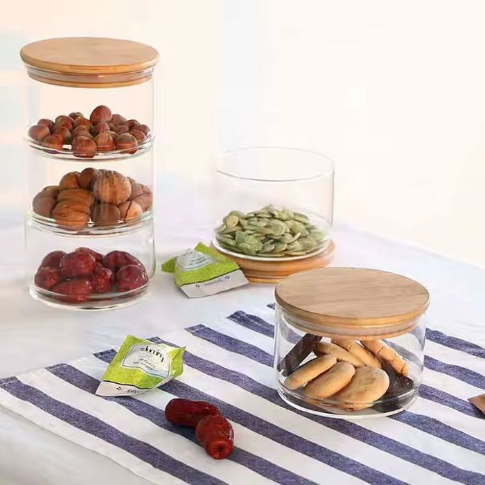 Ensemble de stockage élégant : 3 pots en verre avec couvercles en bambou pour ranger et exposer vos ingrédients avec style
