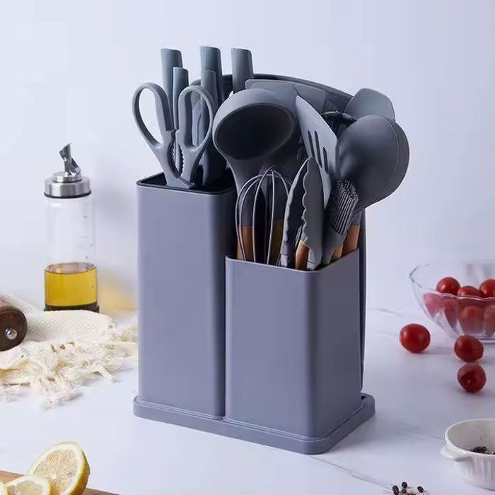 ensemble de 19 pièces d'ustensiles de cuisine en gel de silice avec manche en bois et planche à découper seau de stockage ensemble d