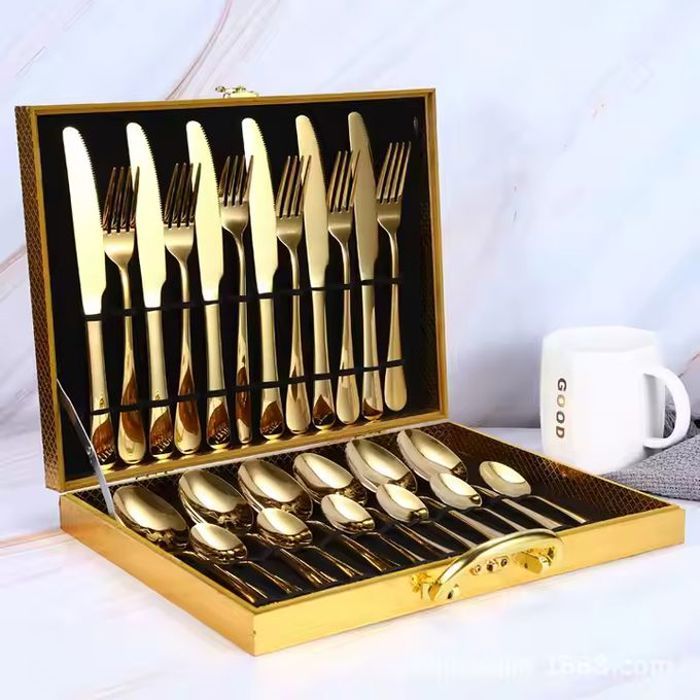 Set de couverts en acier inoxydable 24 pièces, service pour 6 personnes avec boîte de rangement en bois.