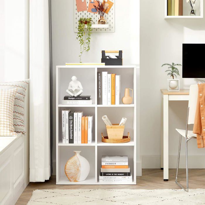 Bibliothèque - TWINS DECOR - Étagère à 6 Compartiments - Bois Massif - Blanc - Meuble de Rangement