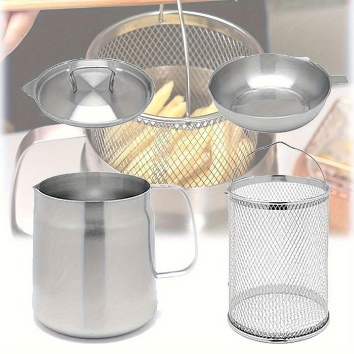 Pot à huile, 2 LITRE Pot à huile en acier inoxydable 304 avec panier égouttoir, Pot à filtre à huile multifonction de grande capacit