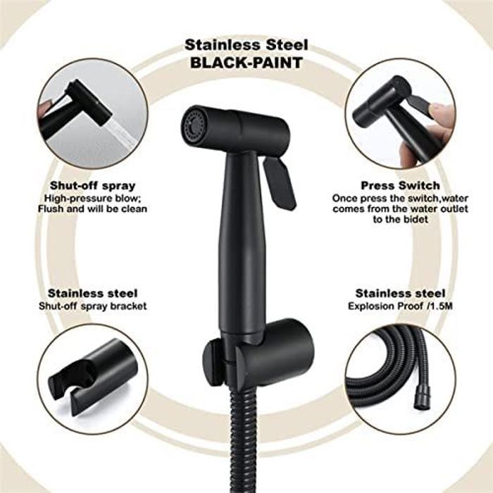 Kit Douchette WC Acier Inoxydable, Noir & poli avec Tuyau, Support & robinet