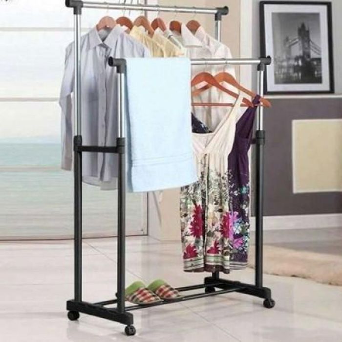 Support Portant à Vêtement sur Pieds - GENERIC - Double tige robuste - Réglable - Acier et Bois - Portable