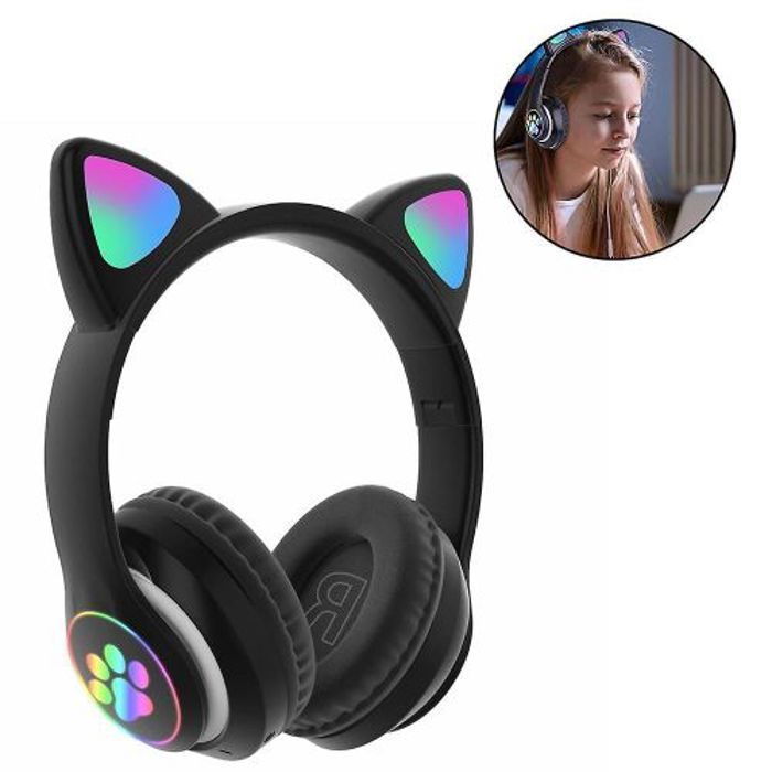 Casque Bluetooth Cat Ear avec lumière LED, écouteur de jeu sans fil avec micro