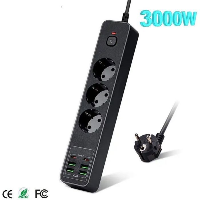 Adaptateur secteur - DINEX - Multi prises - 3 prises - 4 USB - 2 ports type C
