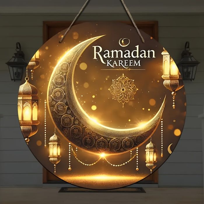 1pc Élégant Signe Suspendu en Bois Ramadan Kareem, Design Lune Croissante Luxueux, Matériau Bois Durable, Décoration Murale Festive