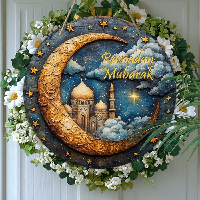 Panneau de Couronne en Bois Vintage pour Ramadan 19.99cm x 19.99cm - Célébration de l'Eid & Design de Mosquée..
