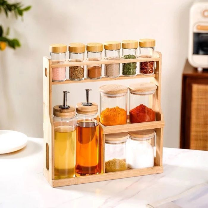Ensemble de 10 Pots à Epices et 2 Bouteilles d’Huile avec Support en bois