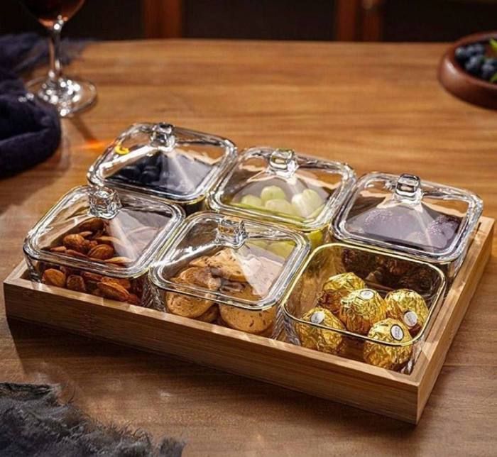 Ensemble de 6 bols à bonbons en verre avec couvercle et plateau en bois