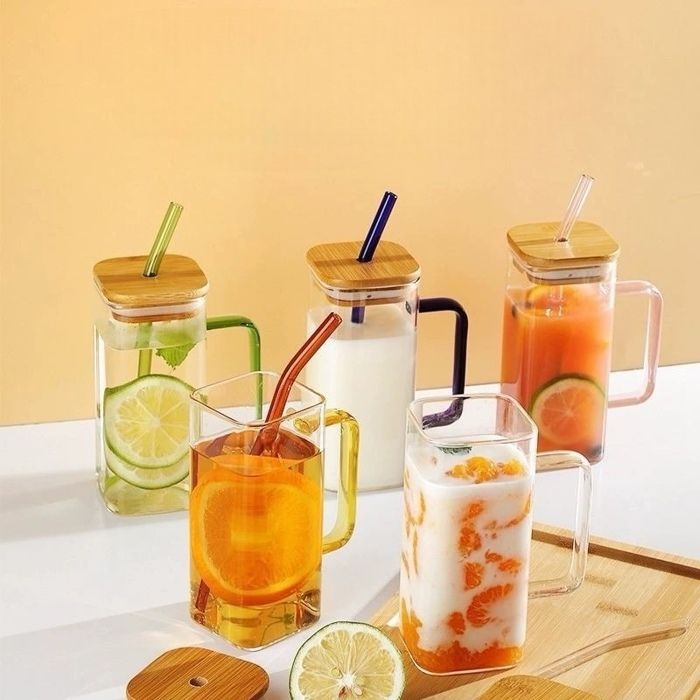 1pcs Tasse carrée en verre de 400ml, avec couvercle et paille, verre à lait de petit déjeuner, Transparent, pour fête, bière, café