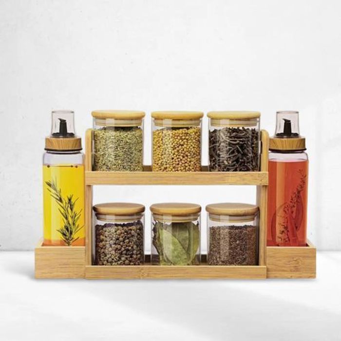 Étagère de Rangement de Cuisine avec Ensemble de 6 Pots à Épices et 2 Bouteilles d'Huile avec Support en Bois