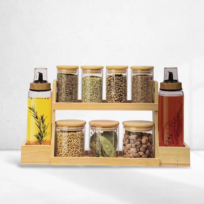 Ensemble de 7 Pots à Épices et 2 Distributeurs d'Huile avec Support en bois