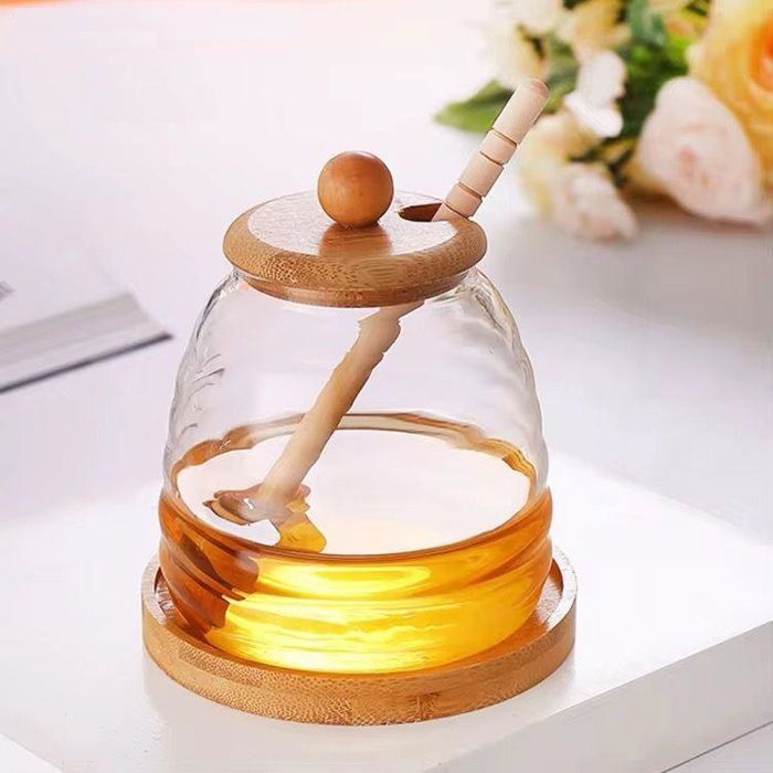 Pot à Miel en Verre Transparent avec Couvercle en Bois et Cuillère en Bois - Design Raffiné