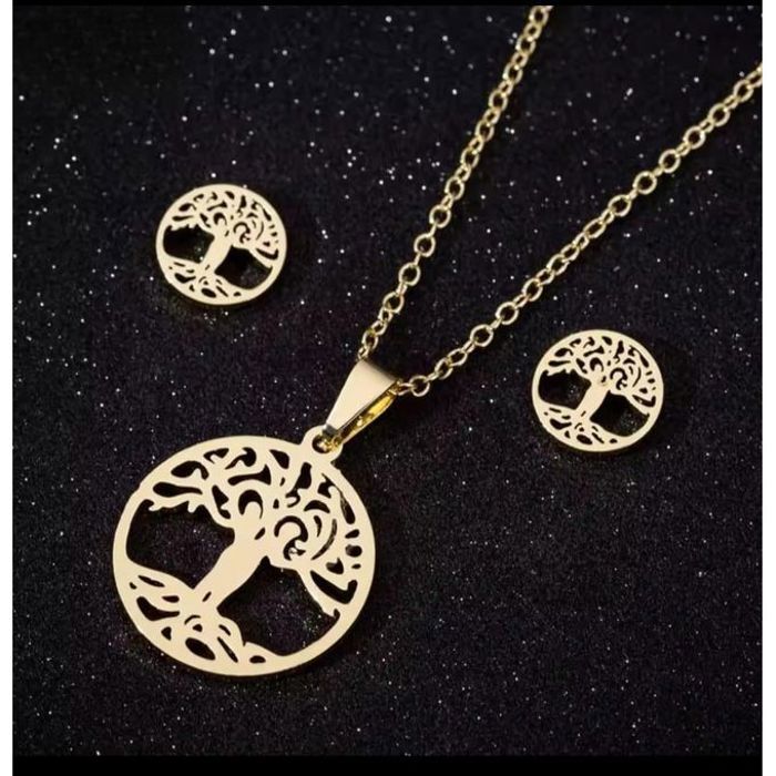 Ensemble de bijoux - Acier inoxydable - Arbre de vie - Collier et boucles d'oreilles - Style bohème - Doré