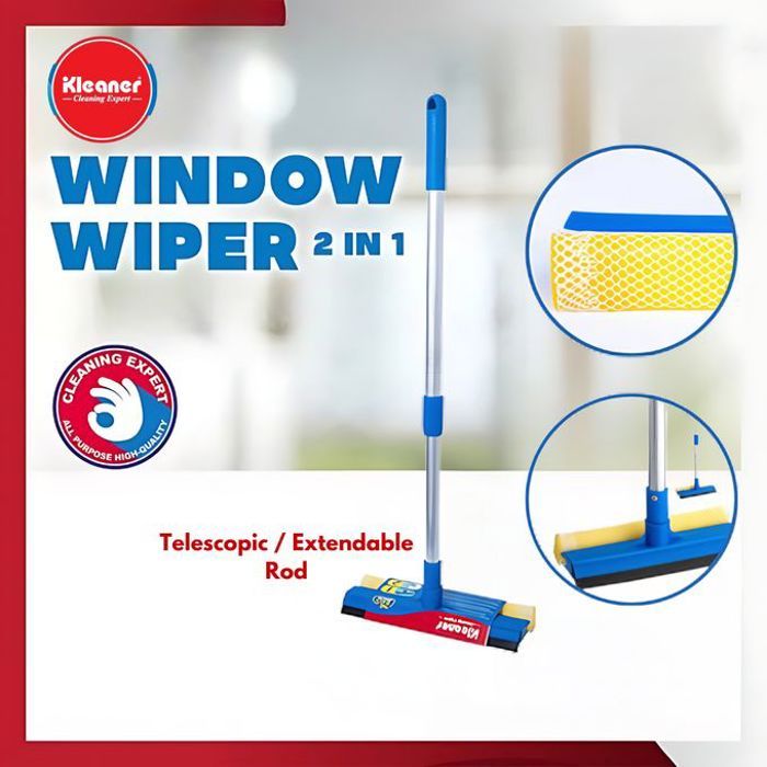 Kleaner – Balai télescopique 2 en 1 pour vitres avec éponge et raclette