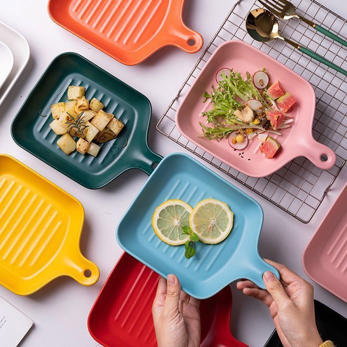 1pcs Multicolore Plats et assiettes,Assiette à salade rectangulaire en céramique,antiadhésive,thermo isolée,de style nordique