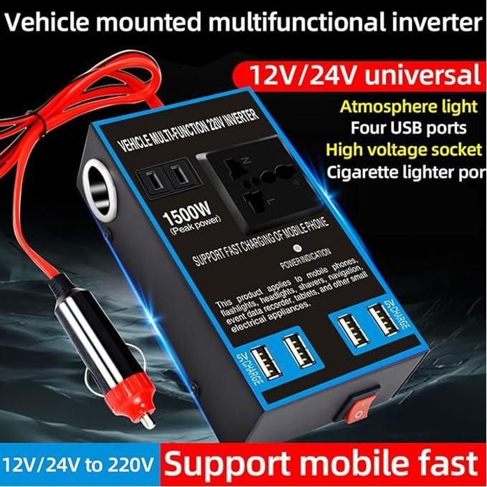 Onduleur de voiture universel 12V/24V à 220V – 1500W avec 4 ports USB et prise secteur