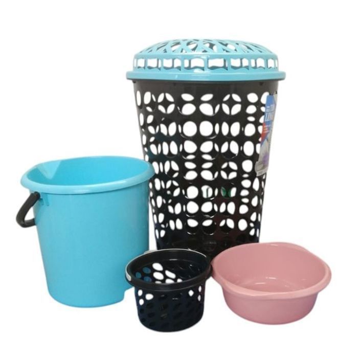 Pack complet pour la lessive : Coffre à linge, seau, bassine et panier à pinces (Couleurs aléatoires)