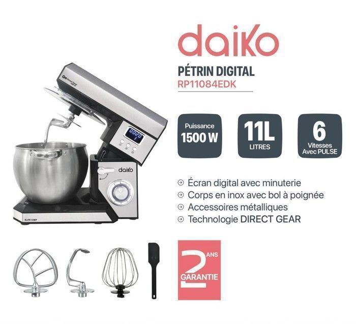 Robot Pétrin - DAIKO - Digital 11L - Acier inoxydable - 1500W - 6 Vitesses