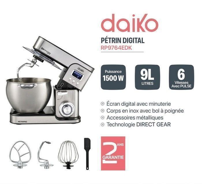 Robot Pétrin - DAIKO - RP9764EDK - 1500W - 9L - 6 Vitesses - Acier Inoxydable