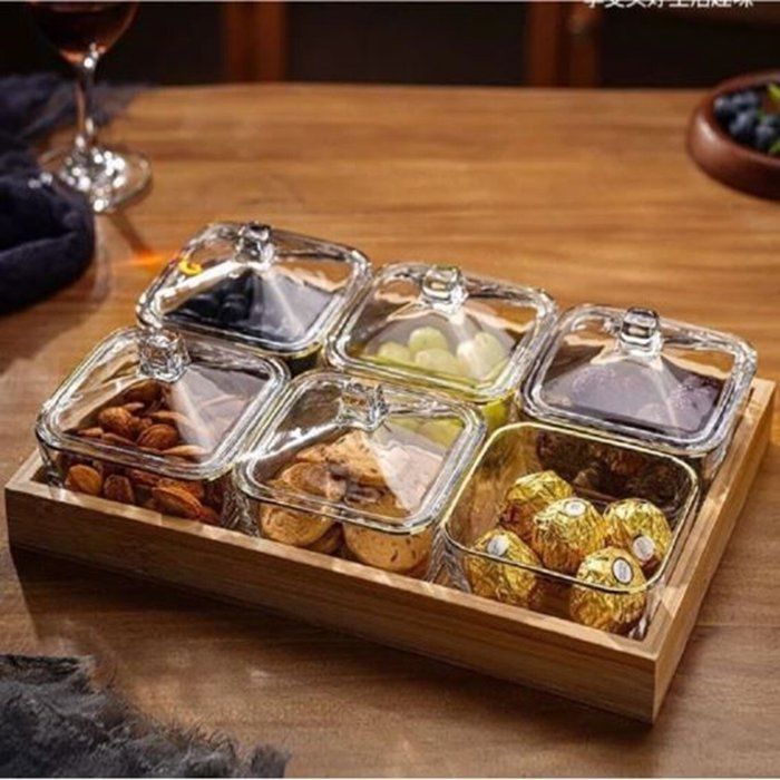 Assiette 6 bols en verre sans plomb avec couvercle, avec Plateau en Bambou élégance et securite