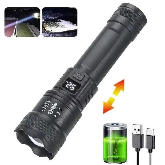 Lampes de poche LED haute puissance pour le bain, lampe torche avec lumière d'affichage,charge USB,camping,pêche,300000LM