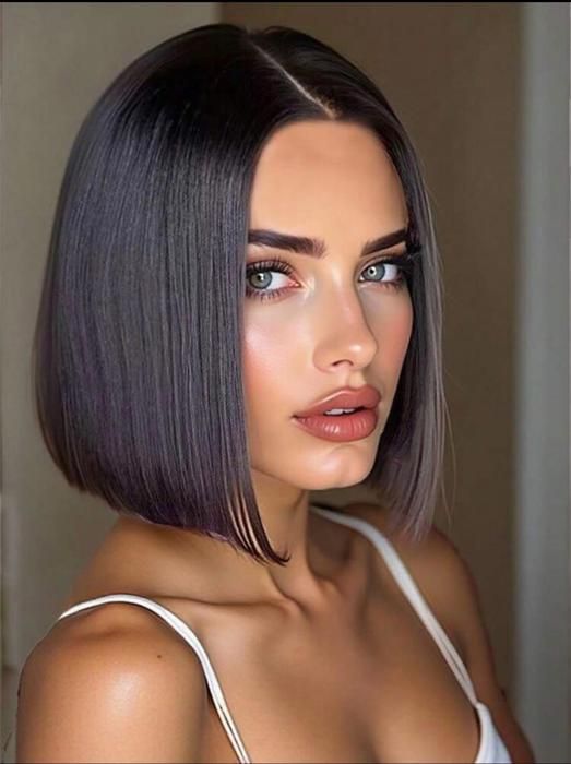Cheveux  courts noirs de 12 pouces en fibre chimique-Perruque