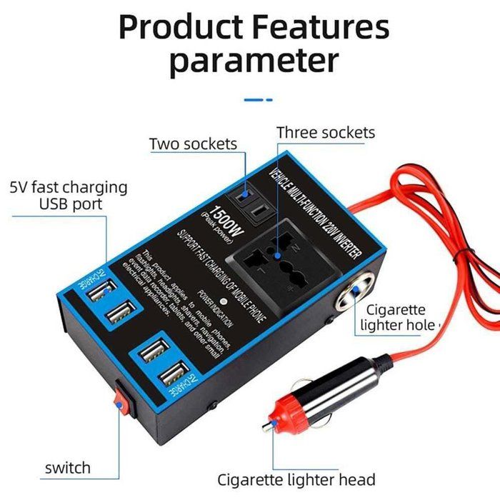 Onduleur de voiture - Multi-Function - 1500W - 4 ports USB - 1 prise haute tension - 2 ports allume-cigare
