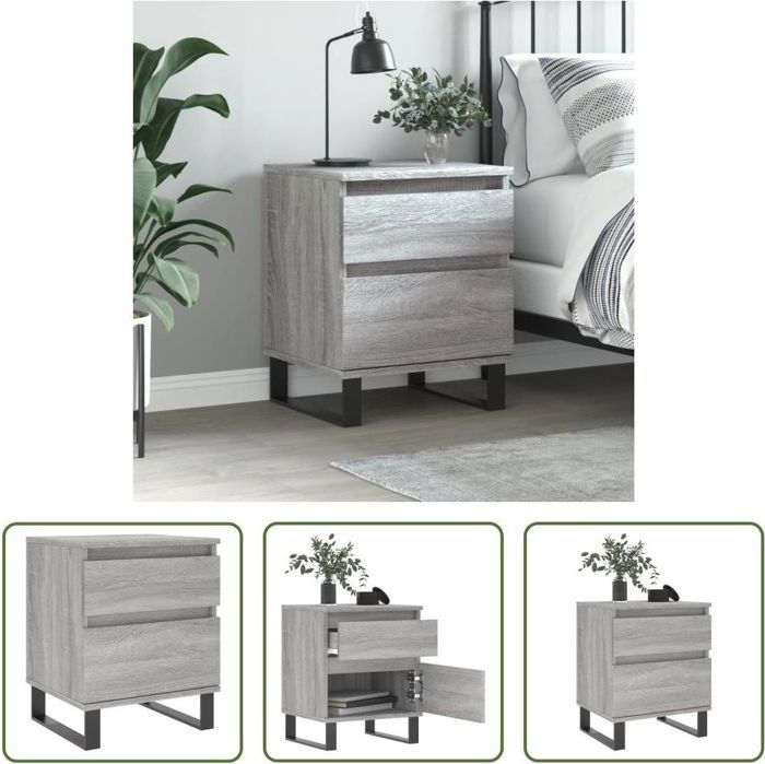 Table de chevet - Sonoma gris - 2 tiroirs - Bois Aglumerie - Style contemporain
