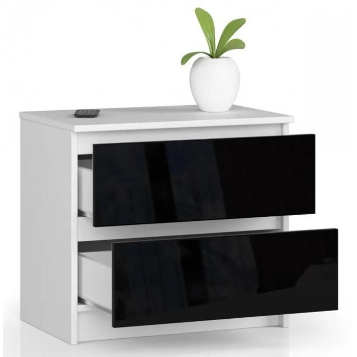 Table de chevet - AKORD - 2 tiroirs - Noir laqué - MDF - 45x40x55 cm