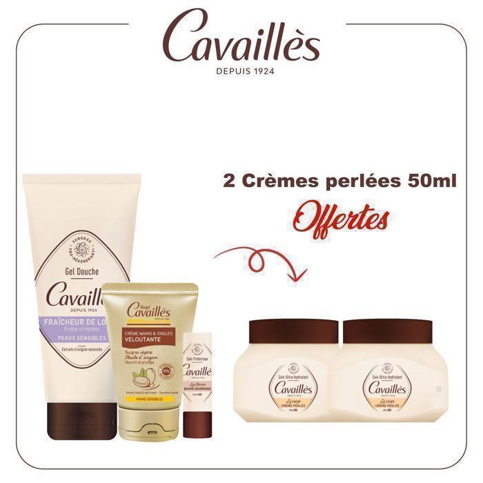 Pack Cavaillès  : Gel Douche Crème de Lait 200ml + Crème Mains Veloutante 50ml + Baume Gourmand 5,5Ml = 2 Crèmes Perlées 50 ml