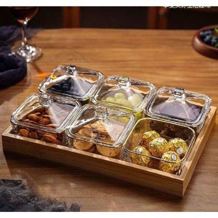Présentoir à fruits - Accessoires de cuisine - Bois - 6 boîtes en verre - Marron - Compartiments multiples