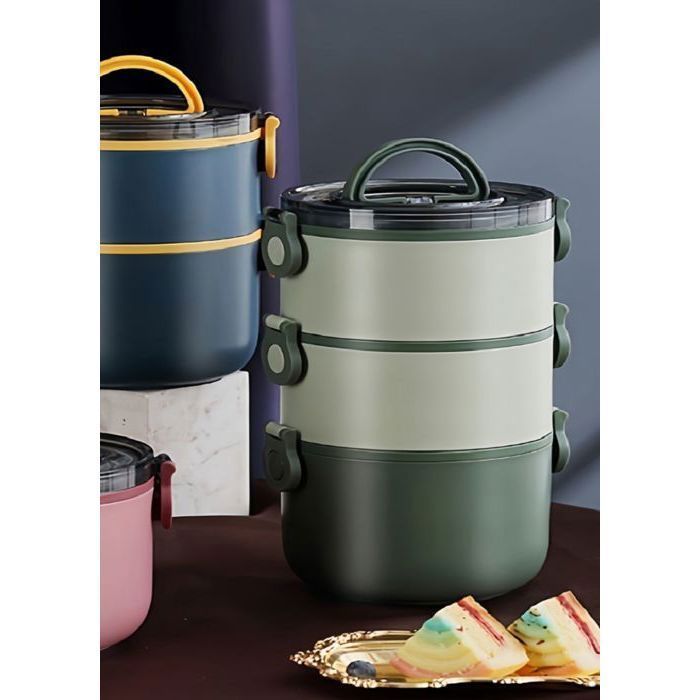Lunch box 3 niveaux  intérieur inox et extérieur plastique alimentaire sans BPA couleurs aléatoires vert ou bleu 