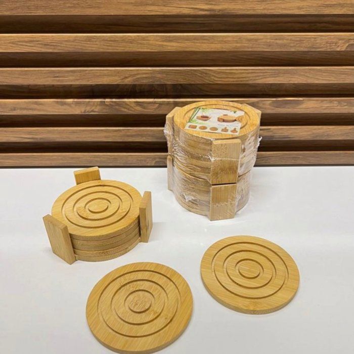 Set 6 sous verres-sous tasse-avec support bambou-rond - modèle aléatoires