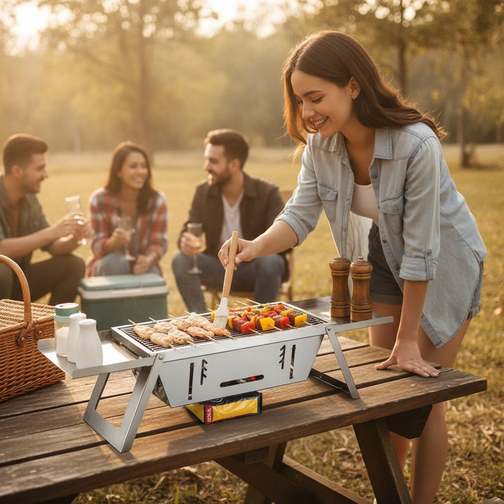 Gril compact - Inox - Portable - Sans fumée - Charbon - Brochettes incluses - Marjane Mall - Image 4