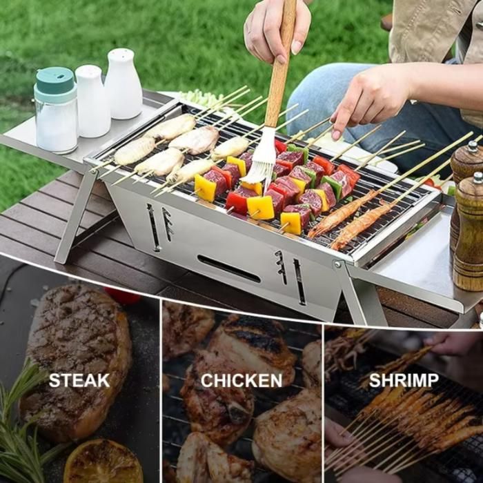Gril compact - Inox - Portable - Sans fumée - Charbon - Brochettes incluses