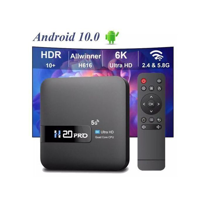 Boîtier Smart TV H20PRO, Android 10, WiFi 2.4 et 5G, 4K, décodeur 1080p 2 Go/16 Go