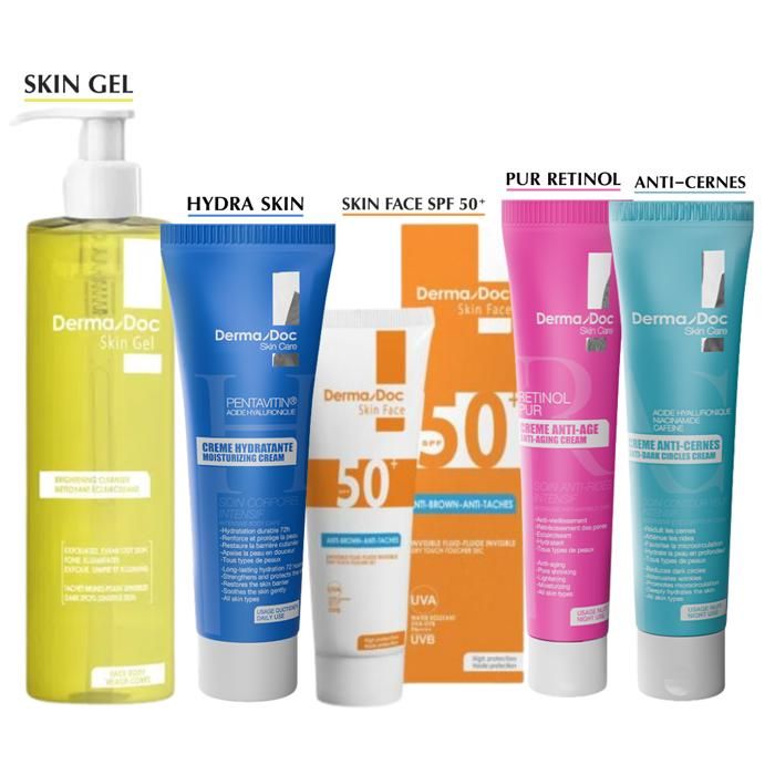 DERMADOC Pack Global – Gel Nettoyant Éclaircissant + Écran SPF50+ Anti-Taches + Crème Hydratante + Anti-Âge + Anti-Cernes