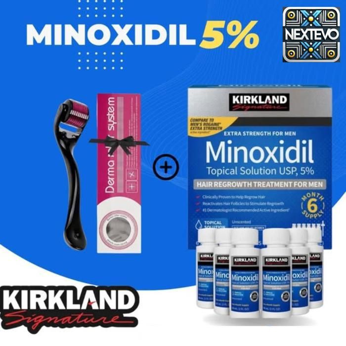 Traitement capillaire - Kirkland - Pack Minoxidil 5% - 6x60ml - Derma roller - Anti-chute cheveux