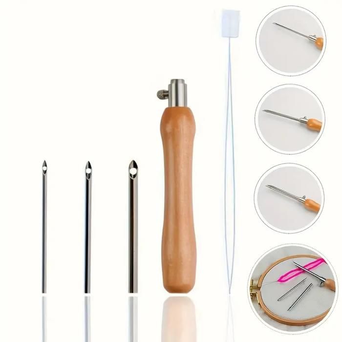 Ensemble d'aiguilles à broder avec manche en bois, outils de broderie au point de croix, pile d'aiguilles artisanales de bricolage