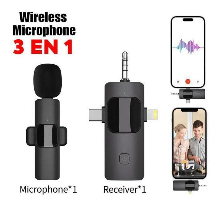 Microphone Lavalier sans fil, compatible Jack, Lightning, Type-C pour Android, iPhone, caméra et PC.