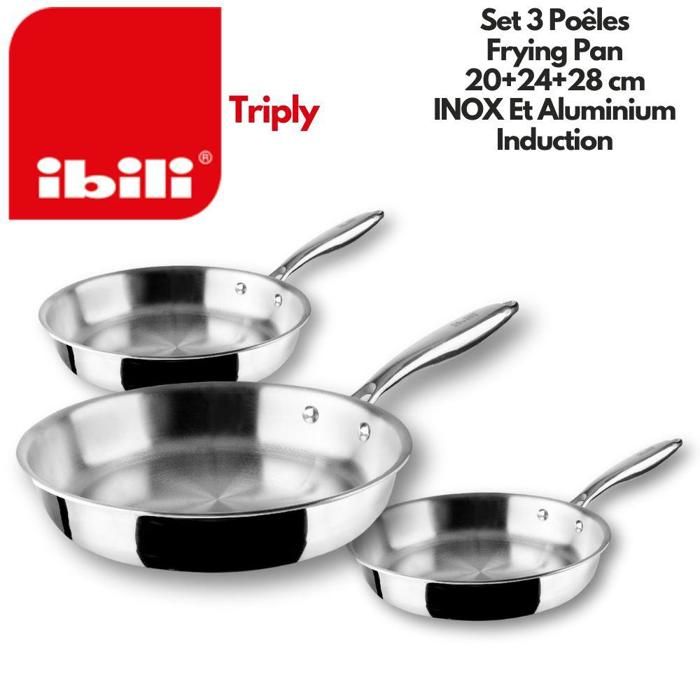Ibili 52924 TRIPLY Poêle à frire Antiadhésive Set Poêles De 3 Pièces 20+24+28 cm Acier Inoxydable Et Aluminium Sauteuse Induction