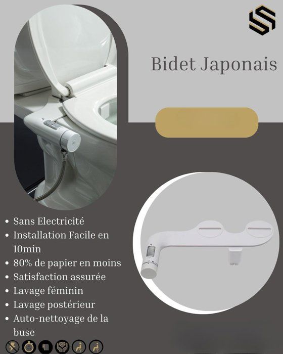 Bidet - Japonais - Sans Électricité - Installation Facile - Écologique - Économique 80% papier