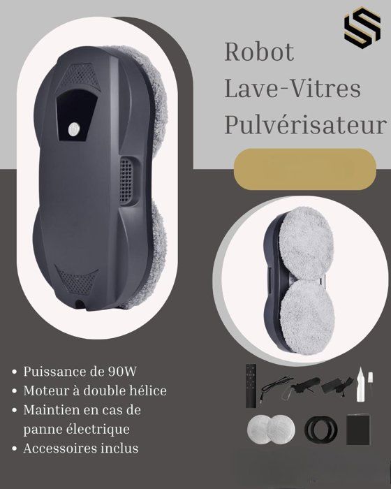 Robot Lave-Vitres - Non spécifié - 90W - Moteur à double hélice - Nettoyage automatique - Accessoires inclus