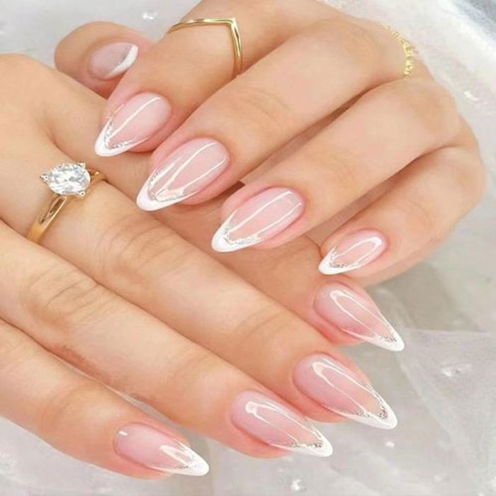24 Pièces/ensemble Ongles D'amande Blancs Et Or Rose De Style Européen Et Américain, Avec Colle Jelly Et Lime À Ongles