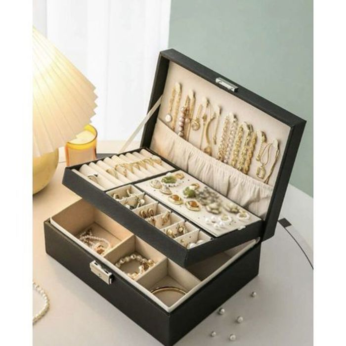 Boite à Bijoux à 2 niveaux, Cuir Pu, Verrouillable, Rangement Bijoux, Bagues, Boucles d'Oreilles, Collier, Bracelet, Noir