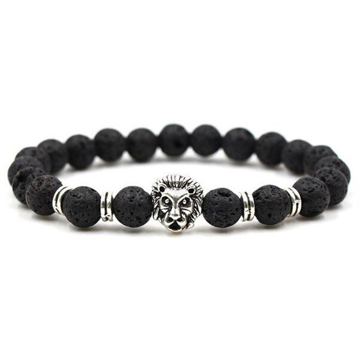 Bracelet - Bijou Tendance - Lion Sauvage - Roches Roulées Naturelles - Noir - Homme