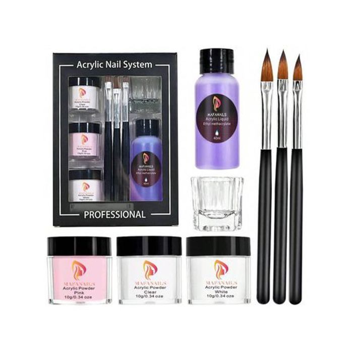 Kit d'ongles en acrylique - Set de poudre et de liquide acrylique transparent/blanc/rose avec pinceau acrylique
